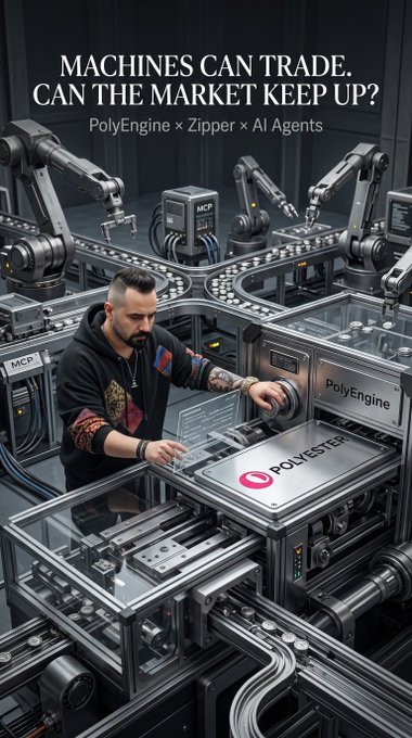 A promotional graphic titled 'MACHINES CAN TRADE. CAN THE MARKET KEEP UP?' featuring 'PolyEngine × Zipper × AI Agents' text, showing a man in a black hoodie operating machinery with 'POLYENGINE' and 'POLYESTER' visible.