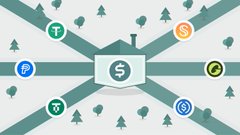 An illustrated diagram with intersecting teal lines connecting cryptocurrency symbols (including Bitcoin, Litecoin, Tron, and Stellar) surrounding a central dollar sign icon on a light background with small trees.