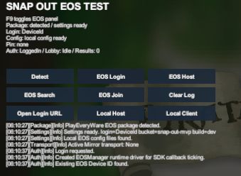 A dark debug/testing interface titled 'SNAP OUT EOS TEST' showing F9 toggles for EOS Login, EOS Host, EOS Search, etc., with autolog activity timestamps indicating successful configurations and testing.
