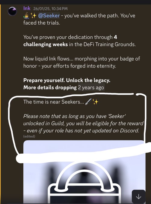 A Discord announcement from "Ink" congratulating users with the @Seeker role for completing 4 weeks in the DeFi Training Grounds, with a handwritten note clarifying that members remain eligible for the reward even if their Discord role hasn't updated, directly supporting the post's claim about Seeker NFT eligibility.
