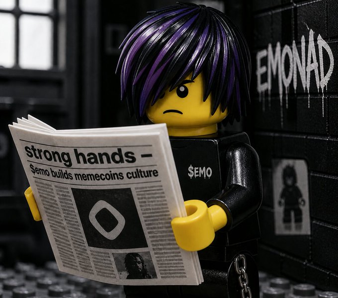 The image features a Lego figure holding a newspaper, with the text "Strong hands Semo builds meme coins culture" written above the figure's head. The figure appears to be reading or looking at the newspaper while standing against a black background. There are also other Lego figures in the scene, but they do not seem to have any significant role in the image.