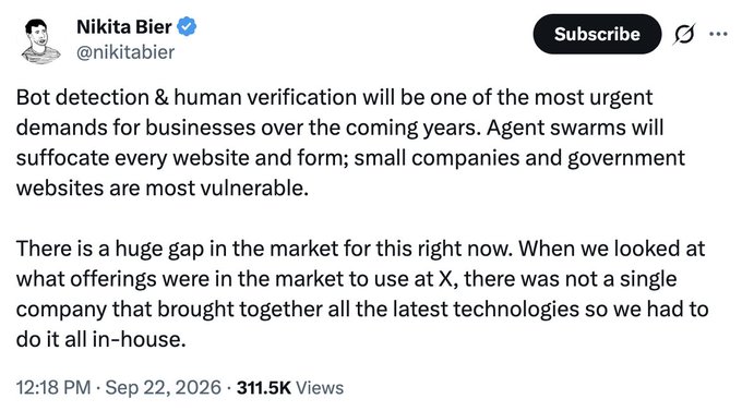 A screenshot of a post by Nikita Bier (@nikitabier) stating that 'Bot detection & human verification will be one of the most urgent demands for businesses over the coming years,' dated 12:18 PM, Sep 22, 2026, with 311.5K views.