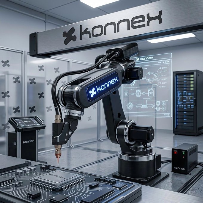 A robotic arm branded 'konnex' working on a circuit board in a high-tech lab setting, with the company name displayed on an overhead sign and a holographic display.