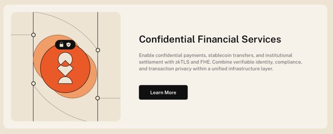 A promotional banner titled 'Confidential Financial Services' describing confidential payments, stablecoin transfers, and institutional settlement using zkTLS and FHE, with a 'Learn More' button and an illustration of a user icon inside an orange circle.
