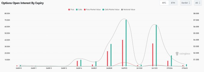 The image shows a "Options Open Interest By Expiry" chart displaying BTC options data from 240810 to 270625, with red bars for puts and teal bars for calls alongside market value curves. The chart visually supports the post's bullish thesis, as call bars (teal) consistently exceed put bars (red) across most expiration dates, with notably large call open interest peaks around 241022 and 241225, indicating option investors are positioning for upside in Bitcoin.
