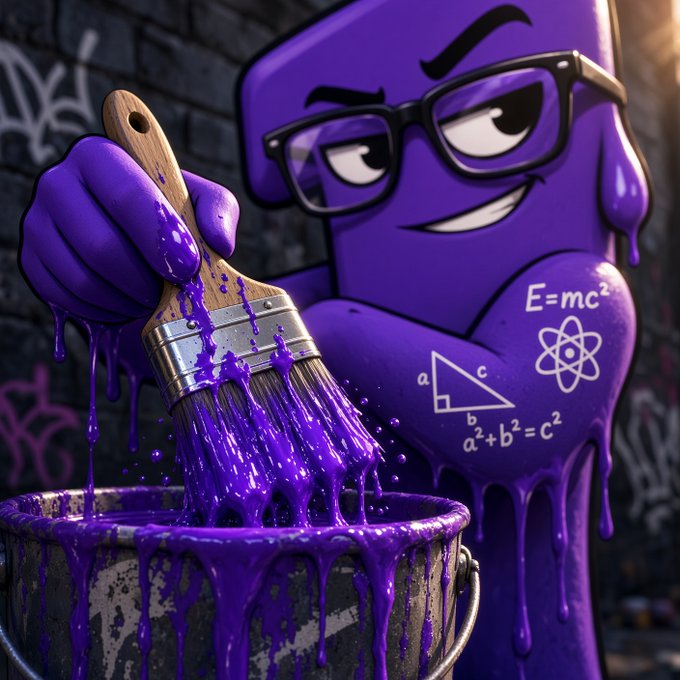 A cartoon-style purple character wearing glasses holds a paintbrush dipped in a bucket of purple paint, with mathematical formulas like E=mc² and a²+b²=c² drawn on its body.