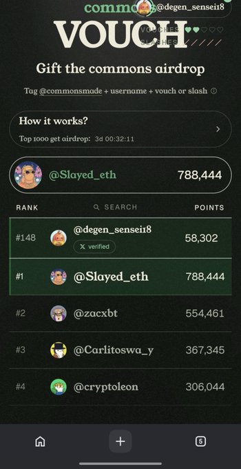 A screenshot of the "commons" platform's "VOUCH" page for "Gift the commons airdrop", showing a leaderboard topped by @Slayed_eth with 788,444 points.