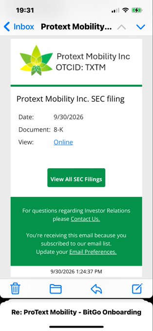 A mobile email inbox screenshot showing a notification from Protext Mobility Inc (OTCID: TXTM) about an SEC filing dated 9/30/2026 for document 8-K.