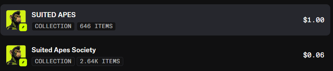 The image shows two OpenSea collection listings for "Suited Apes" (verified, 646 items, priced at $1.00) and "Suited Apes Society" (verified, 2.64K items, priced at $0.06), both featuring a Verified badge. This illustrates the post's claim about copycat projects, as the original Suited Apes collection apparently has a similarly named knockoff ("Suited Apes Society") operating on the same platform.