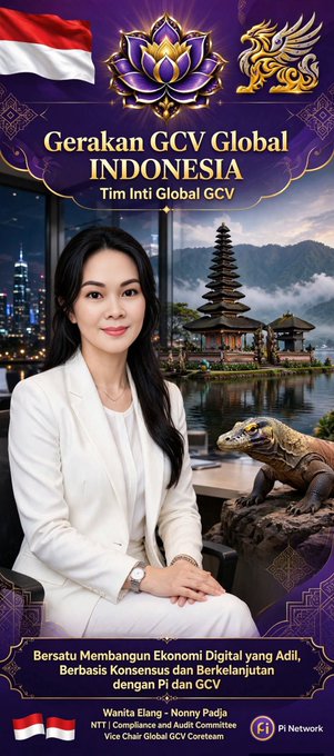A promotional poster for "Gerakan GCV Global Indonesia Tim Inti Global GCV" features a woman in a white suit alongside an Indonesian flag, a lotus emblem, and a Komodo dragon, with text highlighting Pi Network's role in building a fair, consensus-based digital economy alongside GCV, crediting key figures Wanita Elang and Nonny Padja and Pi Network's Chief Global GCV Coreteam.
