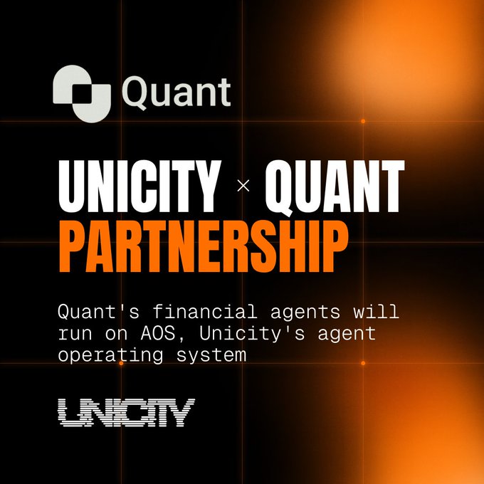 A promotional graphic announcing a 'UNICITY x QUANT PARTNERSHIP,' noting that Quant's financial agents will run on AOS, Unicity's agent operating system.