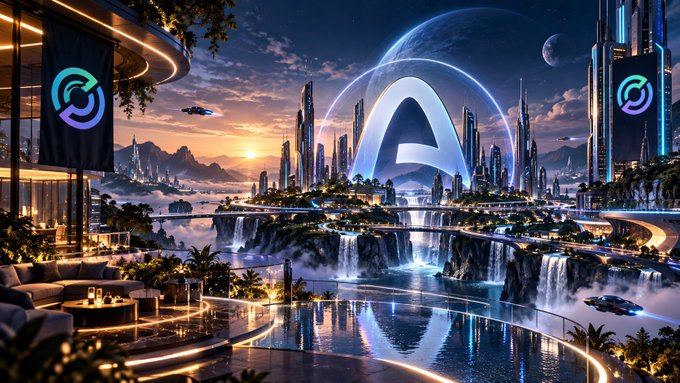 A futuristic sci-fi cityscape at sunset featuring sleek skyscrapers, waterfalls, a large moon, and banners displaying the XRP/crypto logos.
