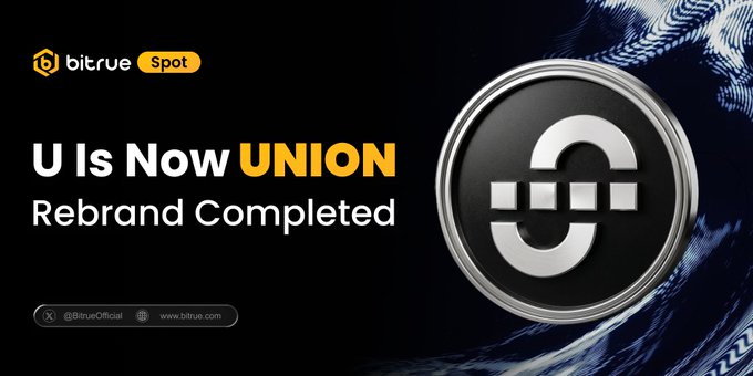 The image features a large logo with a silver circle containing an 'U' inside of it, which appears to be a reference or mascot for Bitrue. The background behind this logo has a blue and white wave-like pattern. There are also smaller text elements on the screen that read "bitue.com", "support.bitrue.com/hc/en-001/arti" and "#bitue has completed the rebranding Union (U) to Union (UNION)", implying a change in the logo's branding or design.