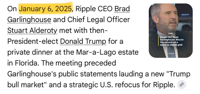 The image shows a screenshot highlighting that on **January 6, 2025**, Ripple CEO **Brad Garlinghouse** and Chief Legal Officer **Stuart Alderoty** met with then-President-elect **Donald Trump** at Mar-a-Lago, alongside a CNBC broadcast featuring Garlinghouse discussing Bitcoin as digital gold. This context relates to the post by clarifying the timeline of Ripple executives' meetings with Trump, noting the private January 2025 dinner occurred just a day before Garlinghouse's bullish tweet about crypto and Trump's presidency.