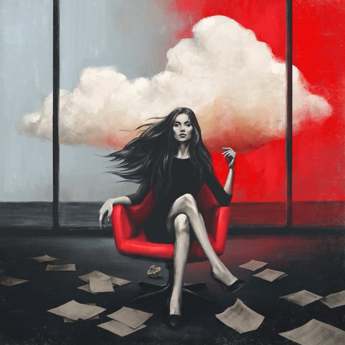 Painting depicting a woman with long flowing dark hair sitting in a red chair, wearing a black dress, with scattered papers on the floor and dramatic clouds behind her against a red and gray background.