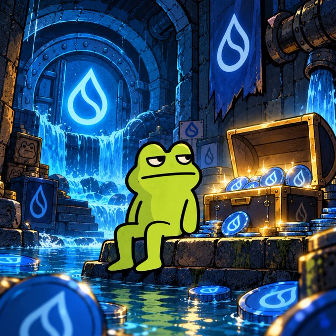 An illustrated scene of a grumpy green Pepe frog sitting near a treasure chest filled with SUI coins in a blue-lit stone chamber with waterfalls.
