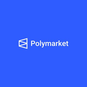 The image shows the prediction market platform's branding, with "Polymarket" displayed in white text next to its geometric logo on a blue background, visually representing the company mentioned in the announcement about Jacob Horne joining to enhance its DeFi offerings.