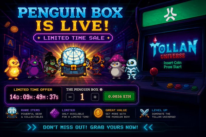 A 'Penguin Box Is Live!' promotional page for Tollan Universe featuring a limited time offer countdown of 14D 09H 49M 37S, with each box priced at 0.0036 ETH.
