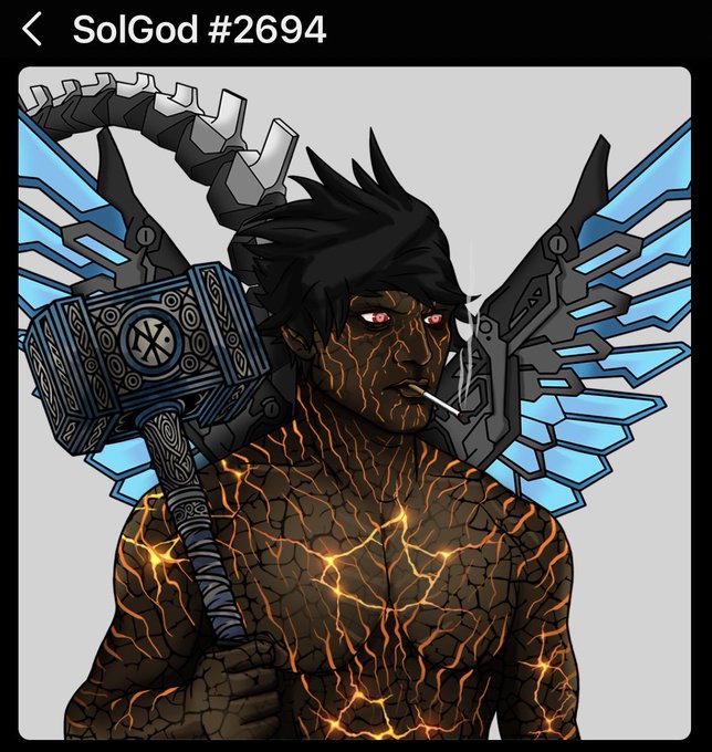 Digital illustration labeled 'SolGod #2694' shows a dark-skinned character with glowing lava cracks, mechanical wings, and a smoking cigarette.