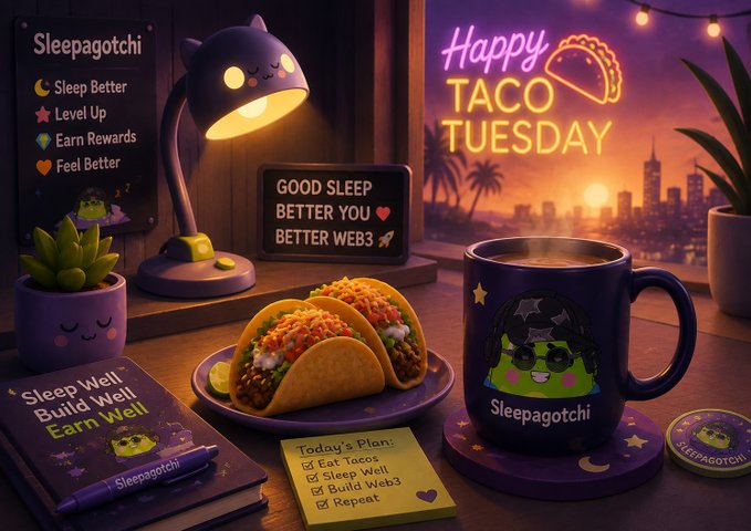 A vibrant promotional image for 'Sleepagotchi' themed 'Happy Taco Tuesday' shows a glowing cat lamp, tacos, a branded mug, and a checklist reading 'Today's Plan: Eat Tacos, Sleep Well, Build Web3, Repeat.'
