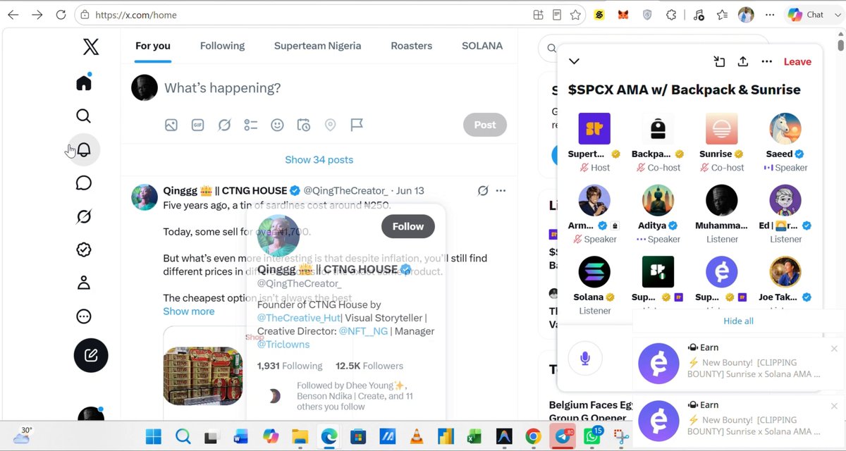 A screenshot of an open computer screen showing two tabs with different social media sites. On one tab, there's a Twitter feed displaying some posts, while on the other tab, a desktop computer window shows information about Solana. The image also contains several text elements including @solana, #spacex, $SPCX, and others related to the content displayed on the screens.