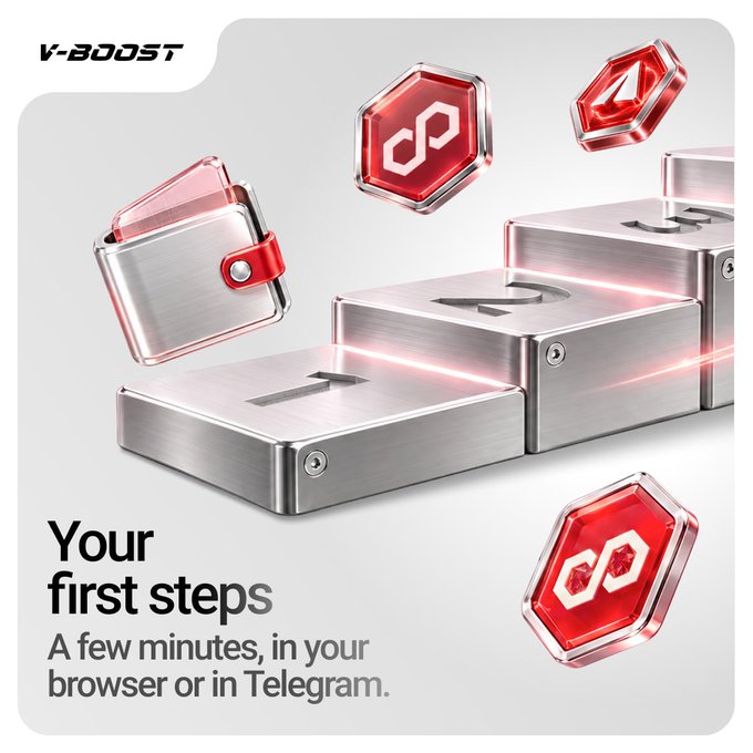 A V-Boost promotional graphic featuring metallic numbered blocks and hexagonal tokens, with the text "Your first steps — A few minutes, in your browser or in Telegram," illustrating the onboarding process described in the post for new crypto users.