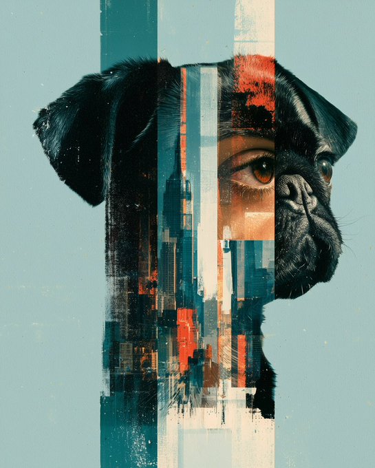 A stylized artwork combining the image of a pug's head with human features and a cityscape in red and teal tones.