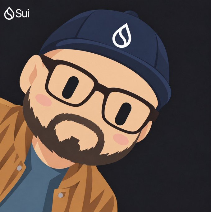 A cartoon-style avatar of a bearded man wearing glasses and a navy blue cap featuring the Sui logo, with the "Sui" watermark in the upper left corner.