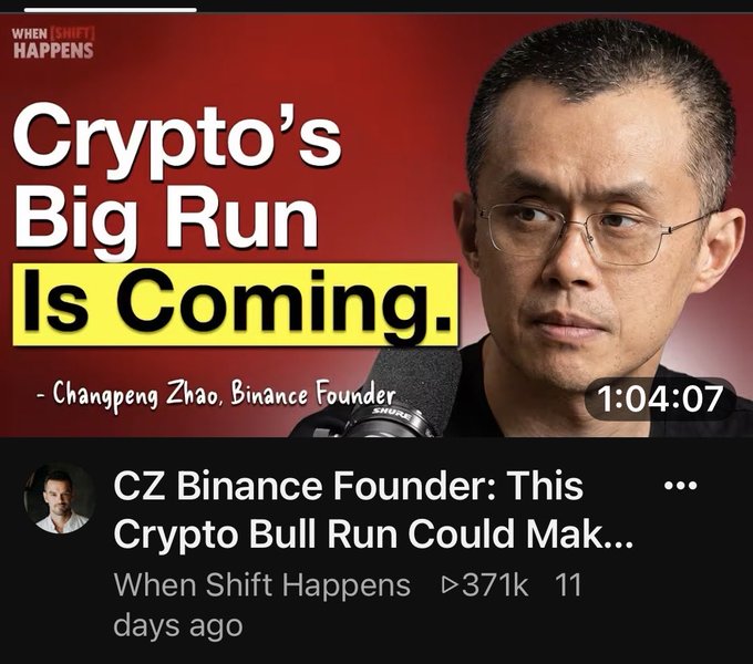 The image shows a YouTube thumbnail from "When Shift Happens" featuring Binance Founder Changpeng Zhao (CZ) with the headline "Crypto's Big Run Is Coming." and a runtime of 1:04:07, celebrating that the WSH Podcast episode with CZ became the most watched CZ podcast of all time, surpassing the previous Chamath/All-In record.
