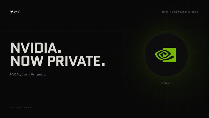 A dark promotional graphic with the Veil logo displays "NVIDIA. NOW PRIVATE." in bold white text alongside a glowing green NVIDIA eye logo encircled by the ticker "NVDAc," with "NEW TOKENIZED STOCK" in the corner, announcing the tokenization of NVIDIA stock on Veil's privacy-focused platform.