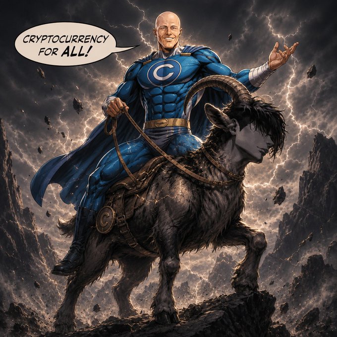 An AI-generated superhero illustration of a bald man in a blue costume riding a horned goat, with a speech bubble declaring 'CRYPTOCURRENCY FOR ALL!'
