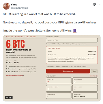 A tweet by user @simonmalys advertising a 'world's worst lottery' where 6 BTC sits in a wallet waiting to be cracked.