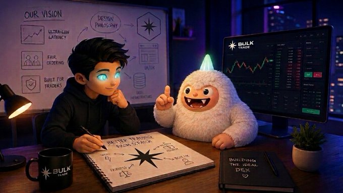 A 3D rendered scene featuring a dark-haired character and a white fluffy mascot working at a desk with a 'BULK TRADE' monitor and a notebook labeled 'Better Trading from Scratch'.