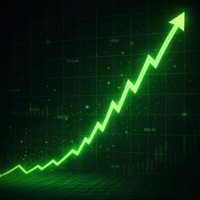 A glowing green upward-trending arrow chart on a dark grid background, suggesting stock market gains or bullish market movement, with small numerical values visible.