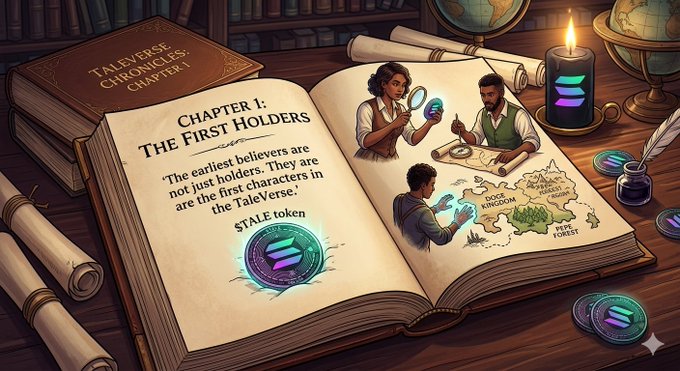 The image features a book titled "The First Holders" with illustrations of people inside, along with a candle and some coins scattered around the scene. The text in the image reads "Chapter 1: The first holders are not just holders. They are the first characters in the #TaleVerse. $TALE #Crypto #Solana #SolanaNFTs". This suggests that the book is related to a story or series involving the concept of "The First Holders" and their connection to cryptocurrency, specifically the popular game "Tale."