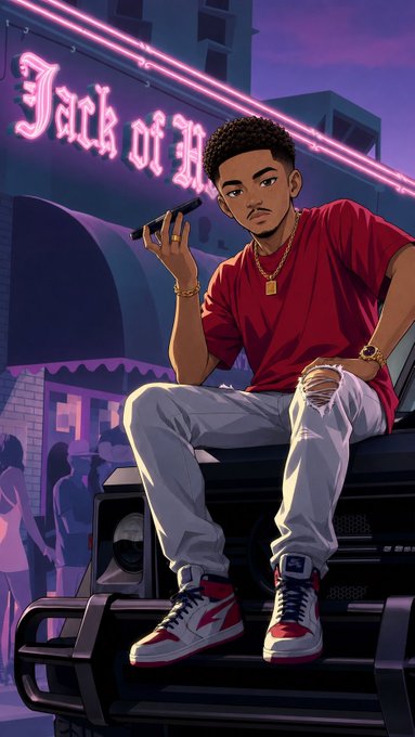 A stylized digital illustration of a young man in a red shirt, white jeans, and red and white sneakers sitting on a vehicle bumper, holding a phone in front of a neon sign reading "Jack of H..."