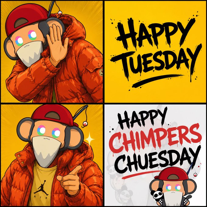 A 'Happy Chimpers Chuesday' meme-style image with two cartoon chimpanzees in orange puffer jackets and red caps on a yellow background.