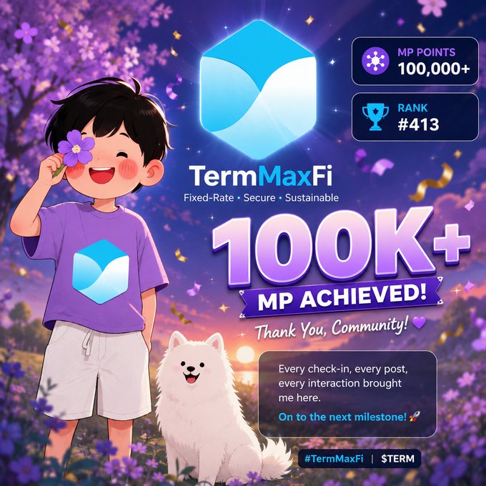 A celebratory promotional graphic for 'TermMaxFi' showing a boy with a dog under cherry blossoms, announcing '100K+ MP ACHIEVED!' with stats including 'MP POINTS 100,000+' and 'RANK #413'.