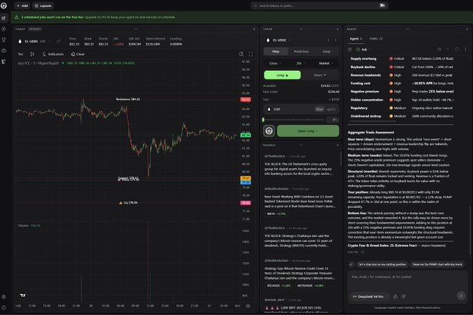 The image displays a cryptocurrency trading interface, likely from TradingView or a similar platform, featuring the chart of "Crude Oil Futures" (CL1!) with a current price of $61.35, alongside an AI-powered "ULtichat" panel providing trading analysis, market sentiment alerts (Supply overhung, Buyback deadline, Revenue headwinds, etc.), and a Trade panel showing "LONG" and "SHORT" options for the asset. The post references using the tool, which appears to be the chat assistant shown on the right, to scope out HIP-3 Perps and analyze trades—highlighting the platform's evolution into a more advanced trading assistant over time.