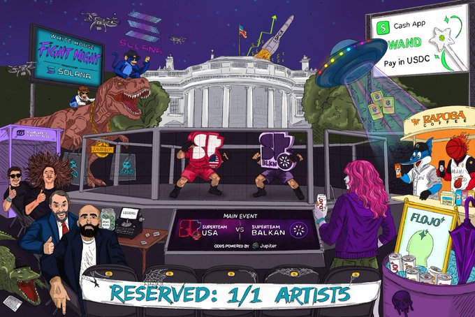 A vibrant digital artwork depicting a UFC-style MMA event titled 'Superteam USA vs Superteam Balkan' with cartoon characters, a dinosaur, UFO, and various crypto/NFT references including Cash App and Solana.