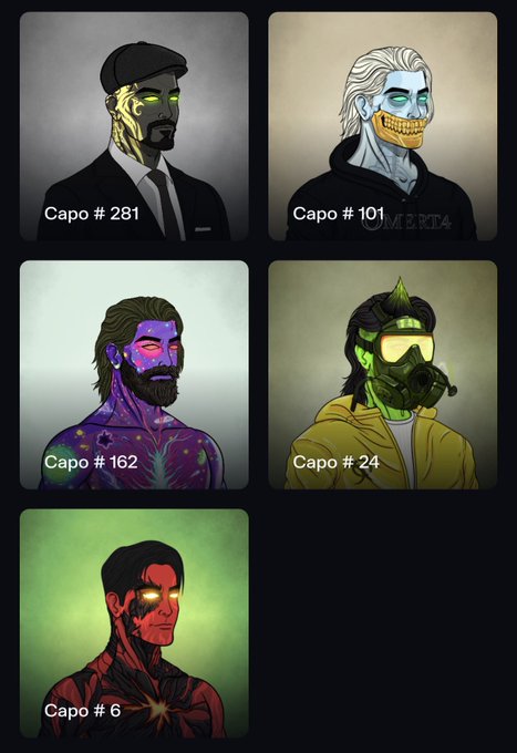 A collection of five stylized character portraits, each labeled as a "Capo" from Omerta with varying numbers (#281, #101, #162, #24, #6), representing NFT holdings eligible for the revenue share.