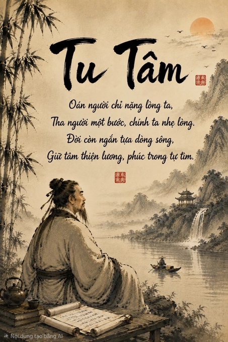 Vietnamese calligraphy poster titled 'Tư Tâm' featuring a scholar by a river with mountains, pagoda, and boat in traditional ink-wash style.