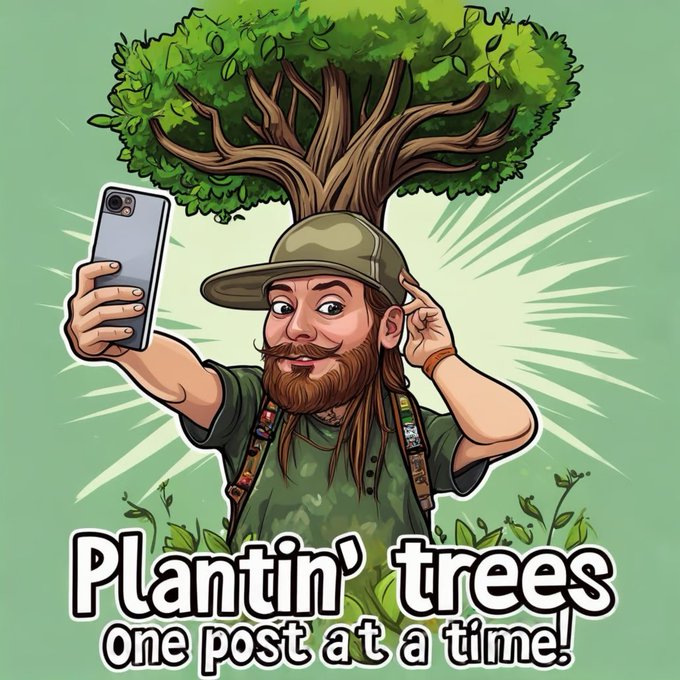 An illustrated graphic of a bearded man taking a selfie in front of a tree with the text 'Plantin' trees one post at a time!'.