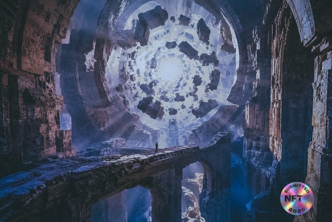 Fantasy digital art of a lone figure standing on a stone bridge looking toward a massive swirling vortex of floating debris in a cavernous structure, with a 'SUBMITTED NFT 2024' watermark.