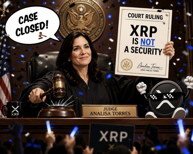 A judge labeled "JUDGE ANALISA TORRES" holds up a "COURT RULING: XRP IS NOT A SECURITY" document with a speech bubble declaring "CASE CLOSED!", while an XRP mascot celebrates and a cheering crowd below holds an "XRP" sign—visually reinforcing the post's reassurance that XRP holders need not worry about the Clarity Act given the favorable court determination.