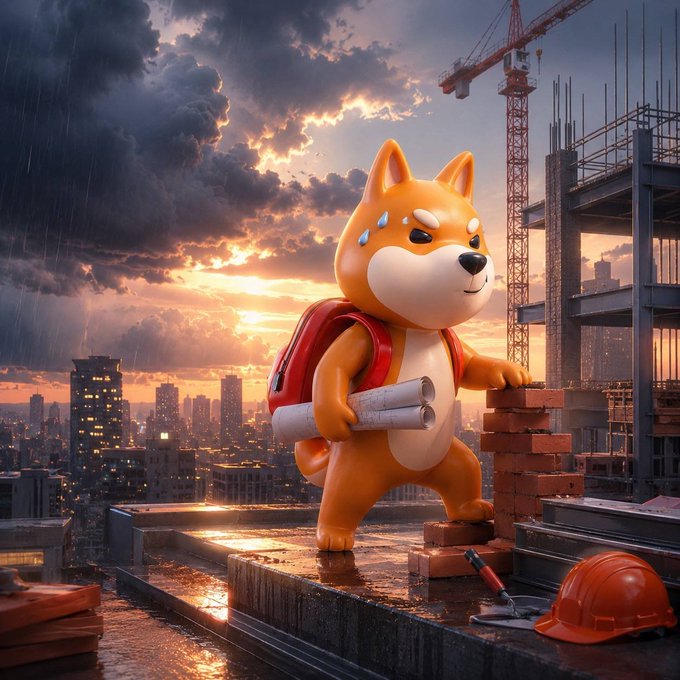A determined Shiba Inu mascot wearing a backpack and holding blueprints stands on a rainy construction site at sunset, with a hard hat and tools nearby. The image visually captures the "$BONK is always building" message by depicting the meme coin mascot as a hardworking laborer ready to lay bricks alongside a towering crane and city skyline.