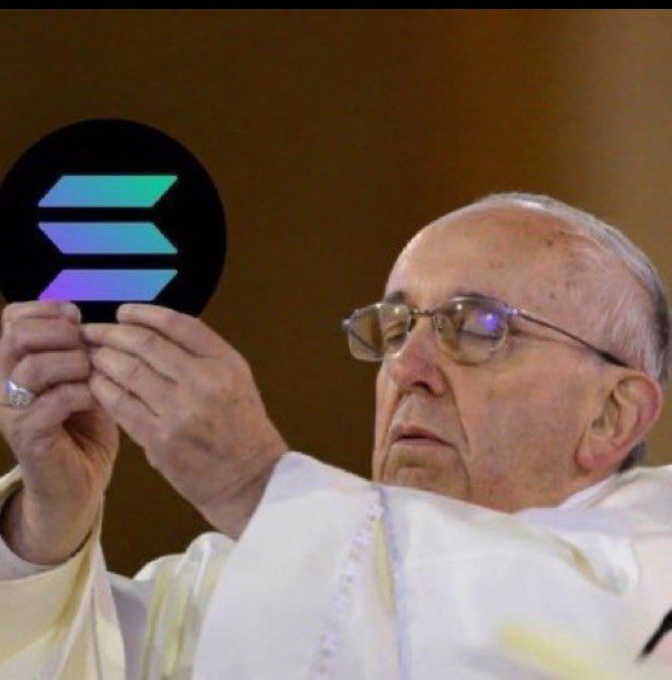 An edited image shows Pope Francis holding up a black circle featuring the Solana (SOL) cryptocurrency logo in place of a religious item.