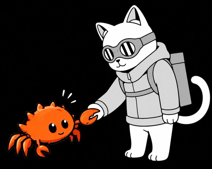 A cartoon white cat wearing goggles and a hoodie offers a piece of crab to a smiling orange crab, illustrating the friendly integration between RAILGUN and zkMopro to enable accessible mobile UX for ZK apps like ANON.