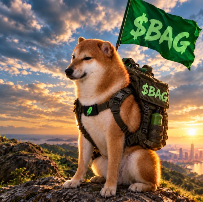 A Shiba Inu sits triumphantly atop a mountain at sunset wearing tactical gear and a green flag bearing "$BAG," visually championing the $BAG token narrative of unstoppable ascent and massive opportunity promoted in the post.