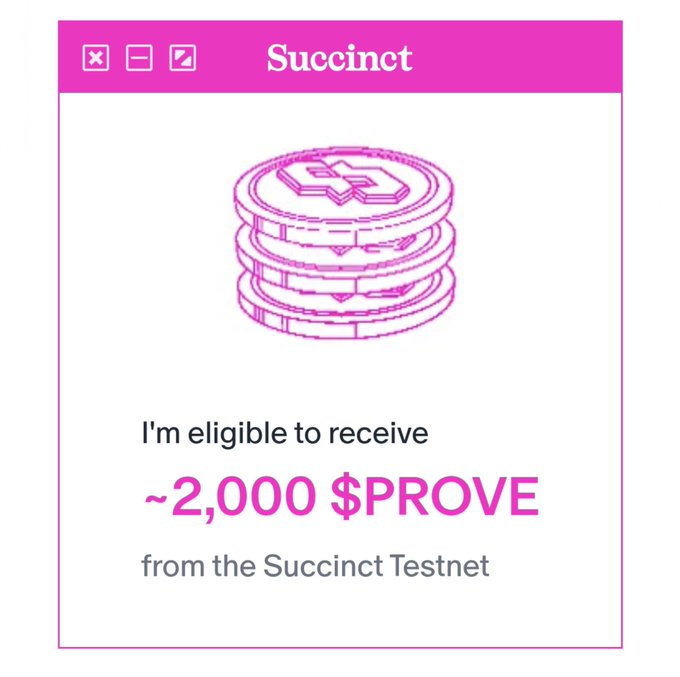 A pink and white graphic stating 'I'm eligible to receive ~2,000 $PROVE from the Succinct Testnet' with an illustration of stacked $PROVE coins and the title 'Succinct'.